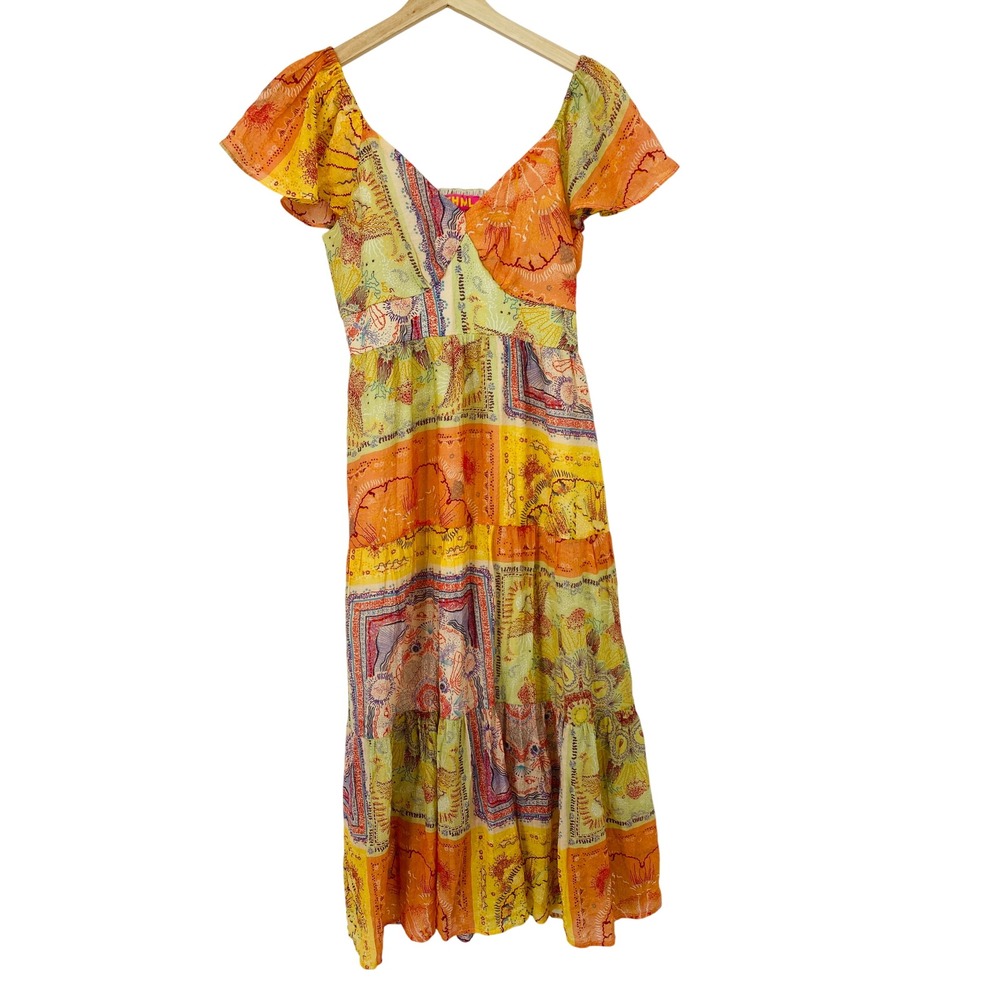 THML Maxi Dress Women Small Orange Patchwork Tiered Flutter Sleeve V-Neck Boho